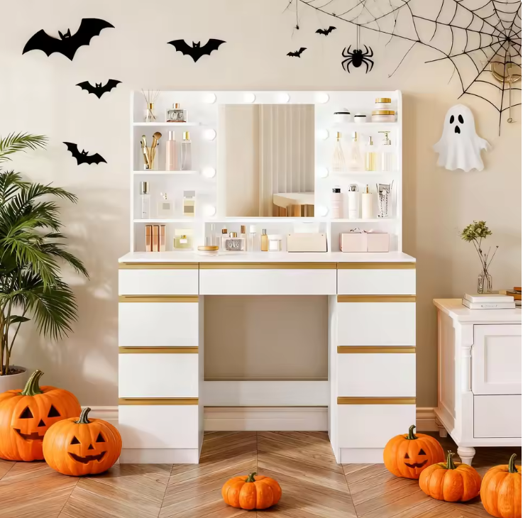 Make-uptafel met Grote HD Spiegel, 10 Verstelbare LED-Lichtbollen, Ruime Lade-indeling en Open Opbergvakken