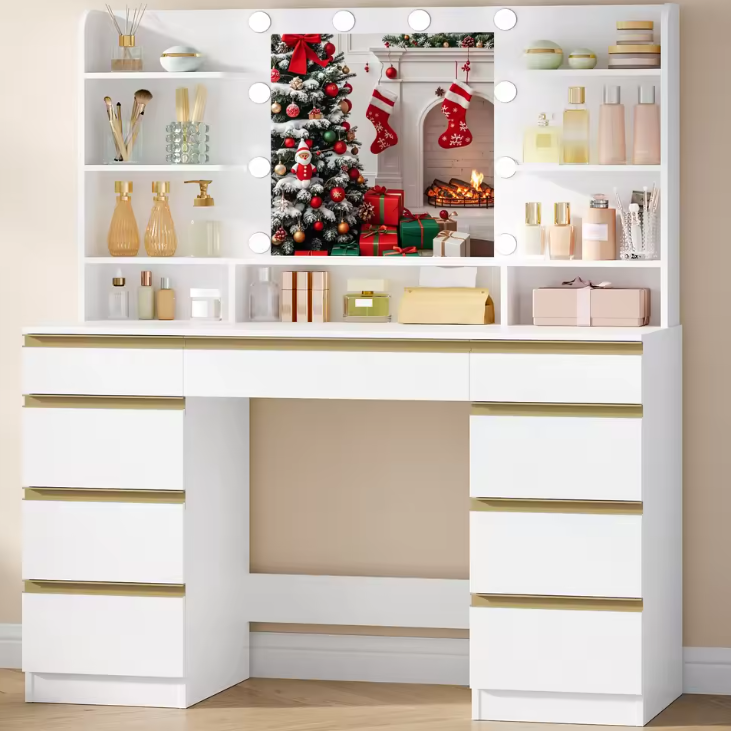 Make-uptafel met Grote HD Spiegel, 10 Verstelbare LED-Lichtbollen, Ruime Lade-indeling en Open Opbergvakken