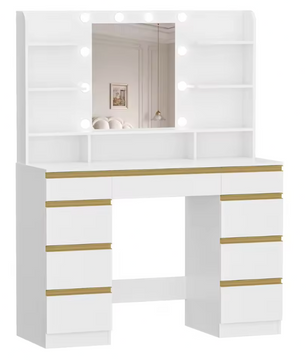 Make-uptafel met Grote HD Spiegel, 10 Verstelbare LED-Lichtbollen, Ruime Lade-indeling en Open Opbergvakken