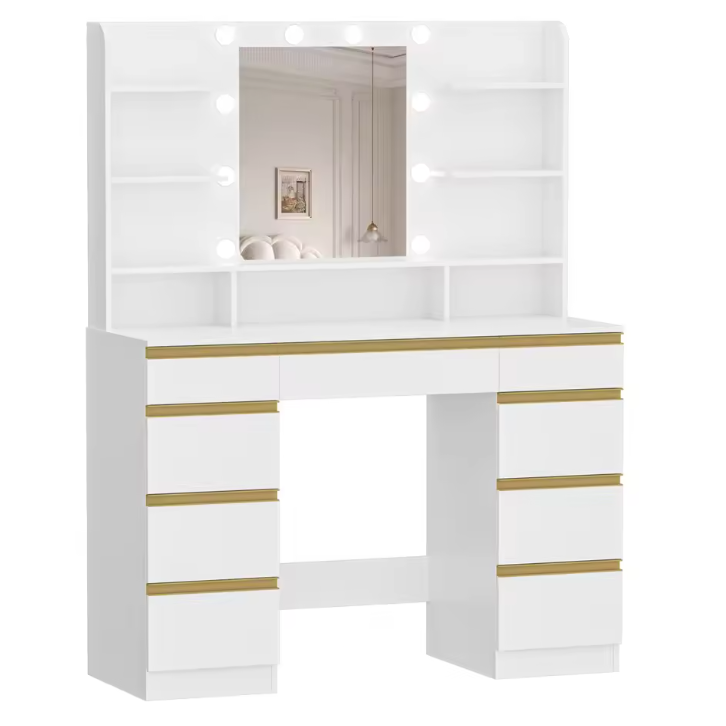 Make-uptafel met Grote HD Spiegel, 10 Verstelbare LED-Lichtbollen, Ruime Lade-indeling en Open Opbergvakken