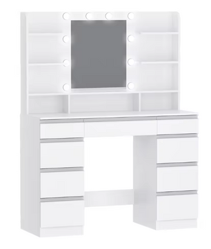 Make-uptafel met Grote HD Spiegel, 10 Verstelbare LED-Lichtbollen, Ruime Lade-indeling en Open Opbergvakken