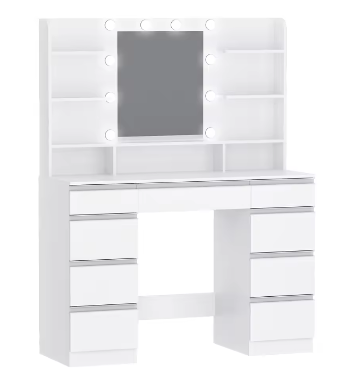 Make-uptafel met Grote HD Spiegel, 10 Verstelbare LED-Lichtbollen, Ruime Lade-indeling en Open Opbergvakken
