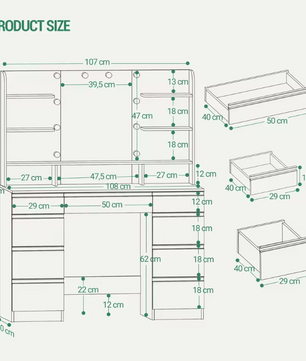 Make-uptafel met Grote HD Spiegel, 10 Verstelbare LED-Lichtbollen, Ruime Lade-indeling en Open Opbergvakken