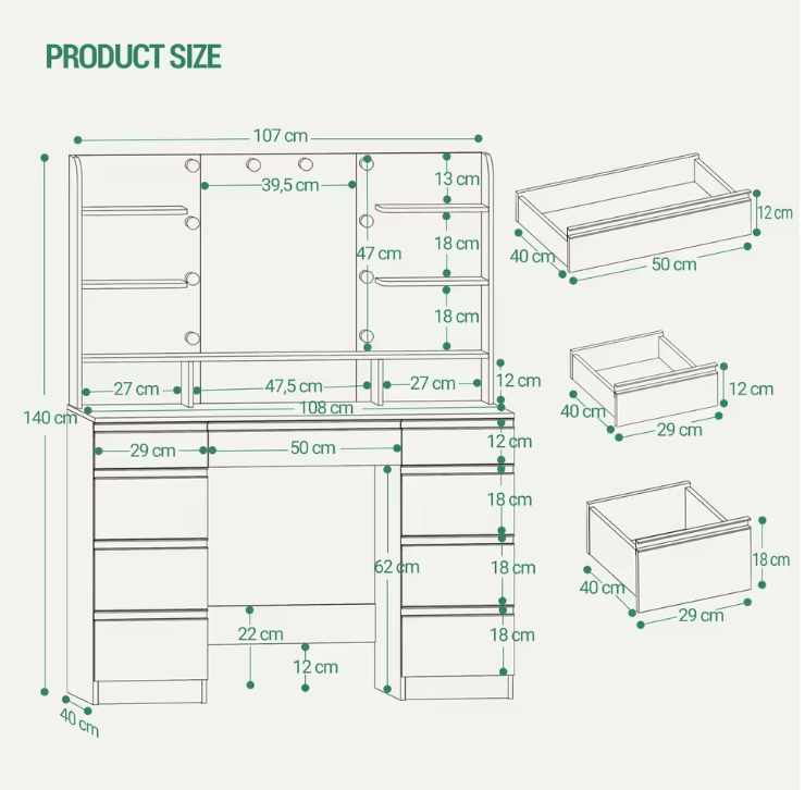 Make-uptafel met Grote HD Spiegel, 10 Verstelbare LED-Lichtbollen, Ruime Lade-indeling en Open Opbergvakken