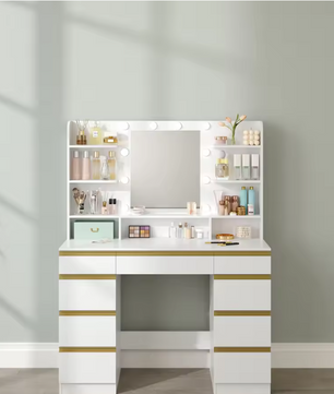 Make-uptafel met Grote HD Spiegel, 10 Verstelbare LED-Lichtbollen, Ruime Lade-indeling en Open Opbergvakken