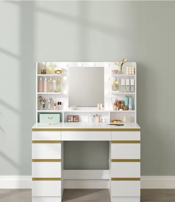 Make-uptafel met Grote HD Spiegel, 10 Verstelbare LED-Lichtbollen, Ruime Lade-indeling en Open Opbergvakken