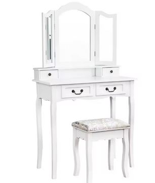 Vintage Make-uptafel met Ronde Spiegel en Kruk, 3 Lades, Luxe Uitvoering