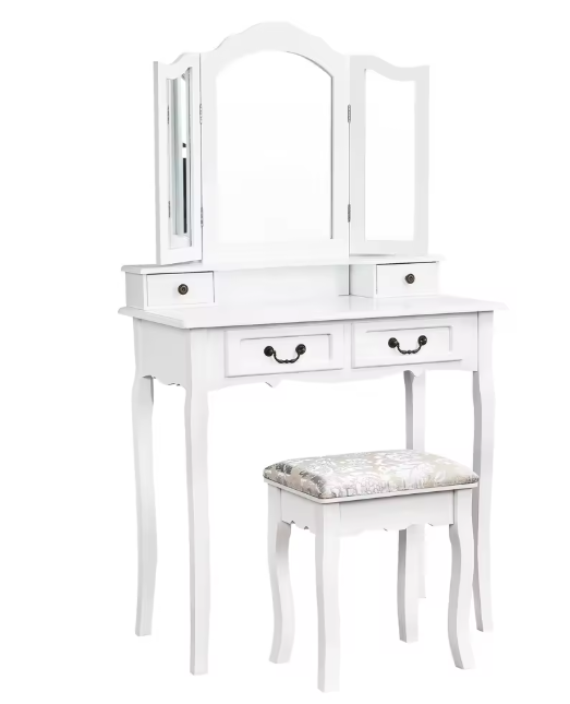 Vintage Make-uptafel met Ronde Spiegel en Kruk, 3 Lades, Luxe Uitvoering