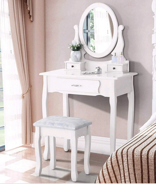 Vintage Make-uptafel met Ronde Spiegel en Kruk, 3 Lades, Luxe Uitvoering
