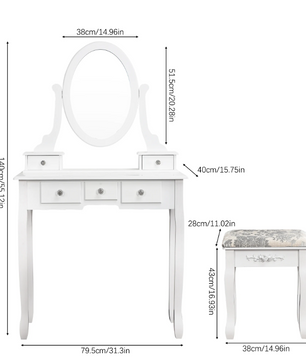 Vintage Make-uptafel met Ronde Spiegel en Kruk, 3 Lades, Luxe Uitvoering