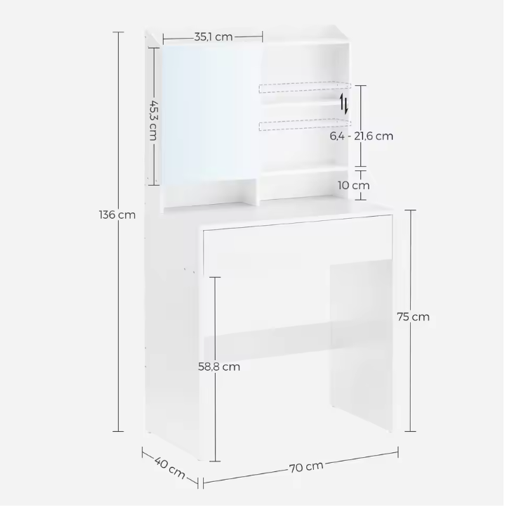 Minimalistische Make-uptafel met Spiegel, Lades en Verstelbare Vakken, 70 cm