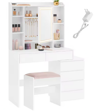 Make-uptafel met LED Verlichting, Spiegel, Lades, Opbergvakken en Kruk