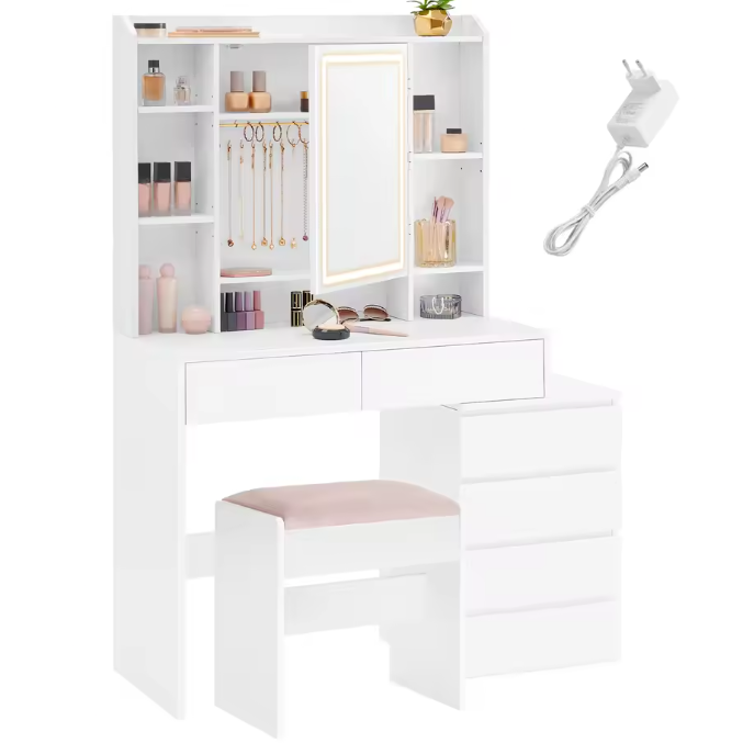 Make-uptafel met LED Verlichting, Spiegel, Lades, Opbergvakken en Kruk