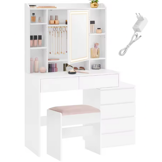 Make-uptafel met LED Verlichting, Spiegel, Lades, Opbergvakken en Kruk