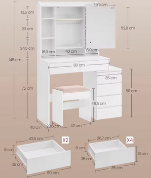 Make-uptafel met LED Verlichting, Spiegel, Lades, Opbergvakken en Kruk