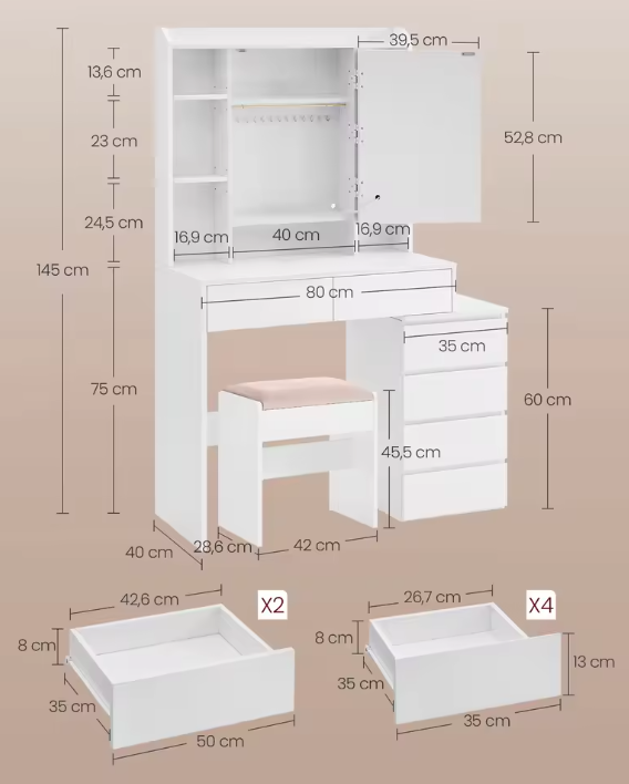Make-uptafel met LED Verlichting, Spiegel, Lades, Opbergvakken en Kruk