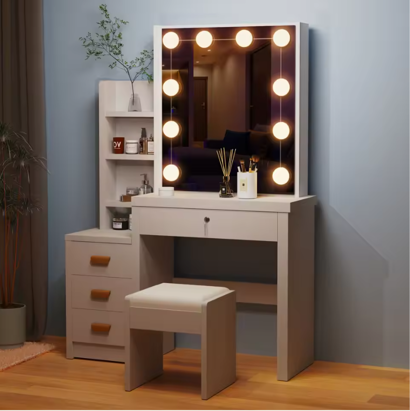 Make-uptafel met Schuifspiegel, 10 LED Lampen, Lades en Opbergvakken