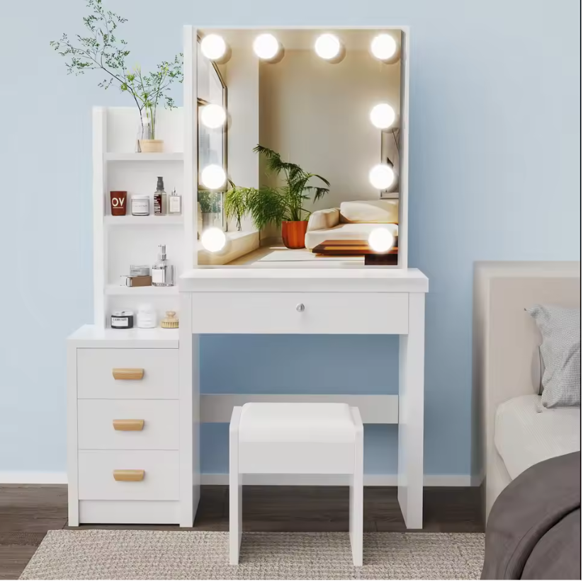 COSTWAY Make-uptafel met ledverlichting, kaptafel met laadstation, sieradenkast, kruk, spiegel, laden, kast, open vakken en haardrogerhouder, cosmeticatafel, wit