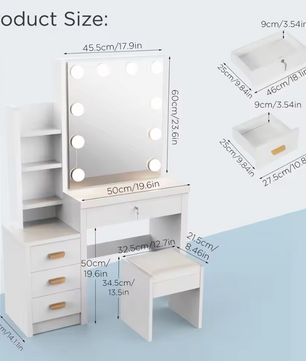Make-uptafel met Schuifspiegel, 10 LED Lampen, Lades en Opbergvakken
