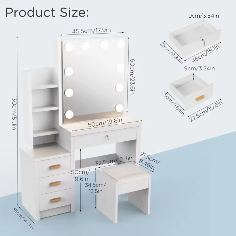 Make-uptafel met Schuifspiegel, 10 LED Lampen, Lades en Opbergvakken