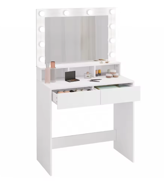 Make-uptafel met Spiegel en Verstelbare LED Verlichting, Lades en Opbergvakken