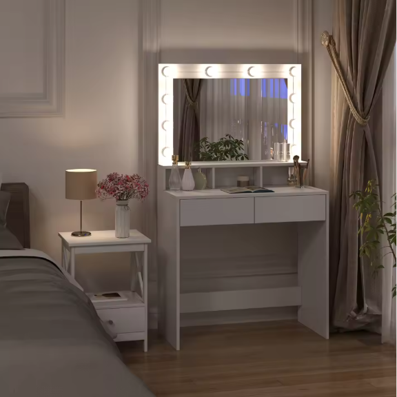 Make-uptafel met Spiegel en Verstelbare LED Verlichting, Lades en Opbergvakken
