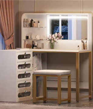 Moderne Make-uptafel met LED Spiegel, 5 Lades, Opbergvakken en Kruk