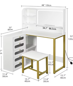 Moderne Make-uptafel met LED Spiegel, 5 Lades, Opbergvakken en Kruk