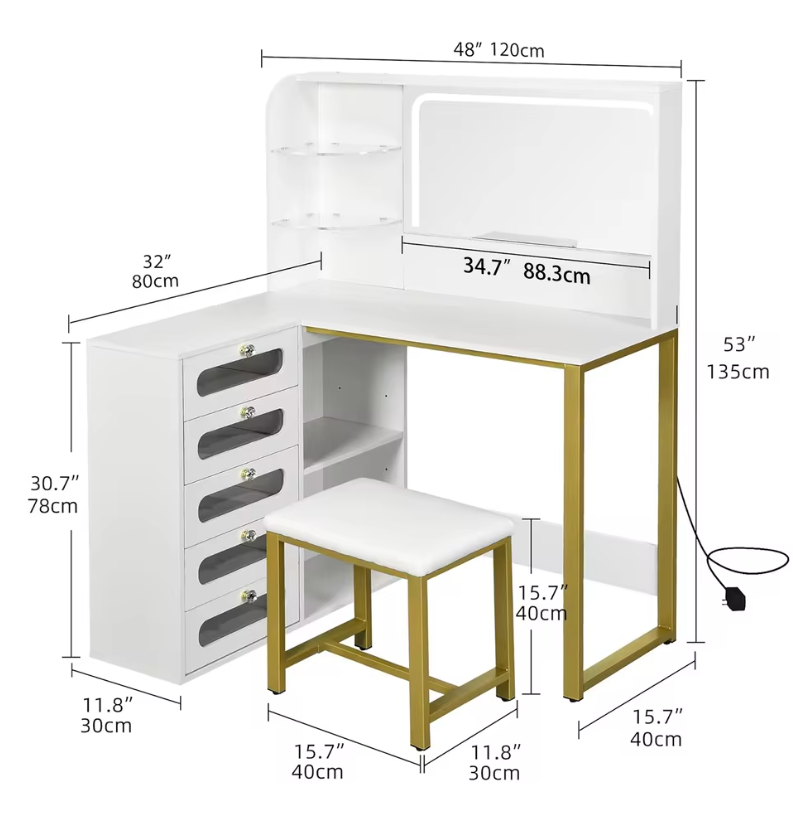 Moderne Make-uptafel met LED Spiegel, 5 Lades, Opbergvakken en Kruk