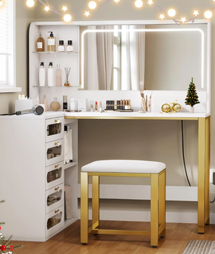 Moderne Make-uptafel met LED Spiegel, 5 Lades, Opbergvakken en Kruk