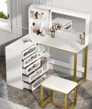 Moderne Make-uptafel met LED Spiegel, 5 Lades, Opbergvakken en Kruk