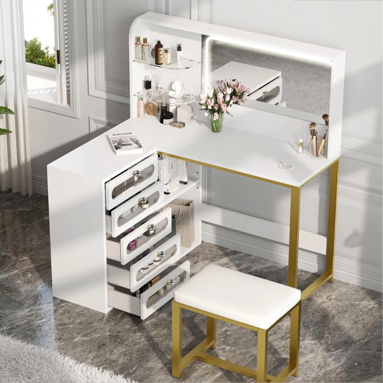 Moderne Make-uptafel met LED Spiegel, 5 Lades, Opbergvakken en Kruk