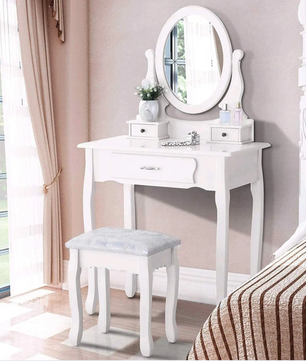 Moderne Make-uptafel met LED Spiegel, 5 Lades, Opbergvakken en Kruk