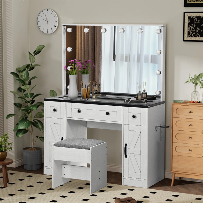 Landelijke Make-uptafel met Verlichte Spiegel, Lades, Kasten en Kruk