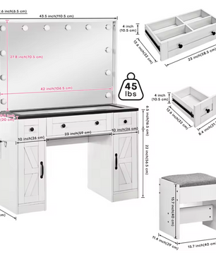 Landelijke Make-uptafel met Verlichte Spiegel, Lades, Kasten en Kruk