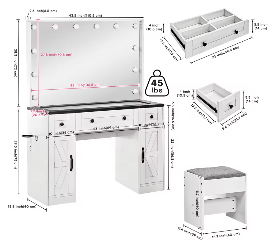 Landelijke Make-uptafel met Verlichte Spiegel, Lades, Kasten en Kruk