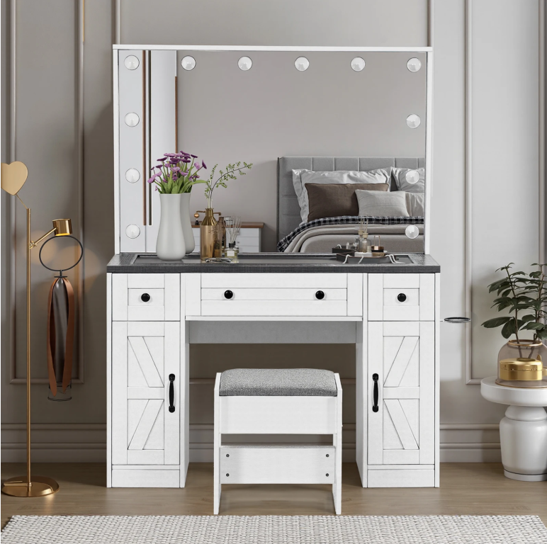 Moderne Make-uptafel met LED Spiegel, Verstelbare Verlichting en Lades