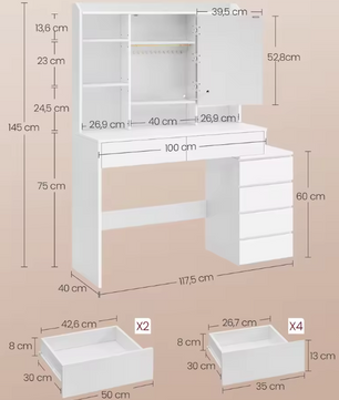 Moderne Make-uptafel met LED Spiegel, Verstelbare Verlichting en Lades