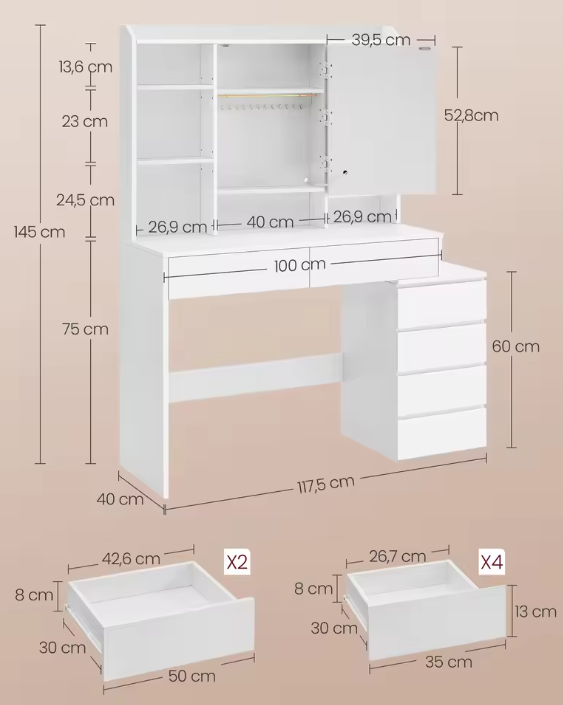 Moderne Make-uptafel met LED Spiegel, Verstelbare Verlichting en Lades