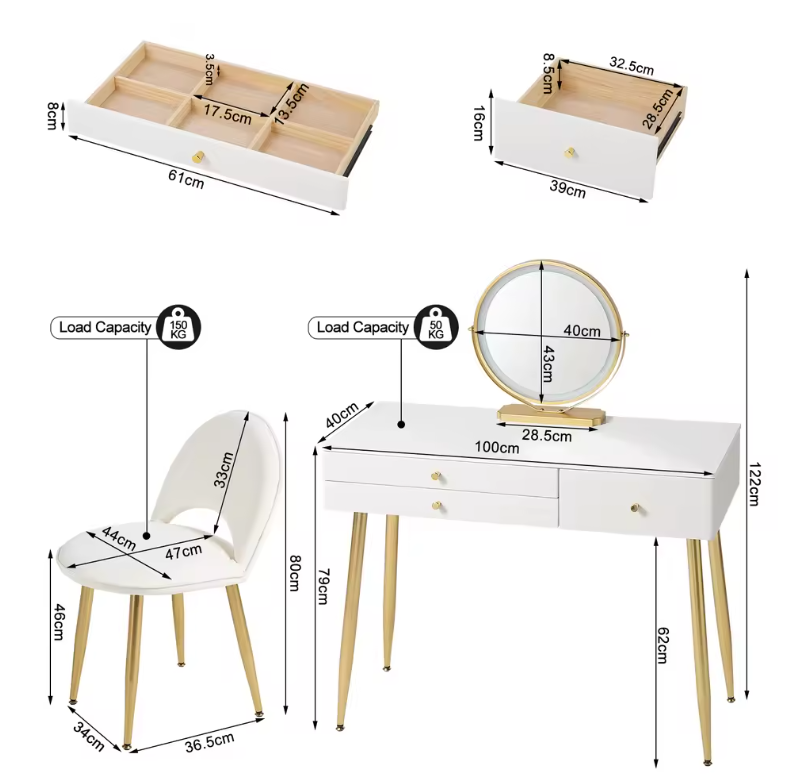 Moderne Make-uptafel met LED Spiegel, 3 Lades en Fluwelen Kruk