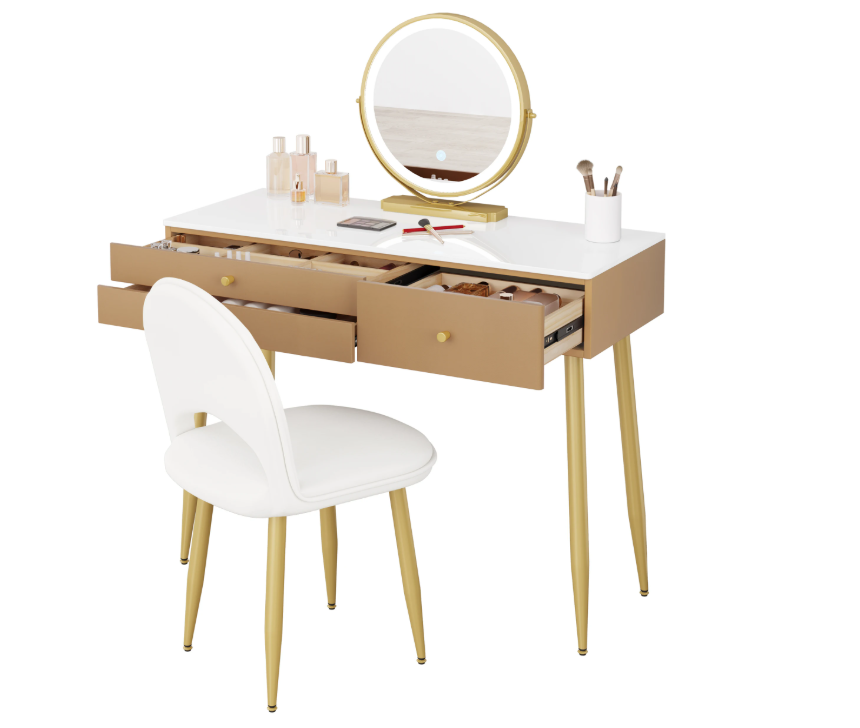 Moderne Make-uptafel met LED Spiegel, 3 Lades en Fluwelen Kruk