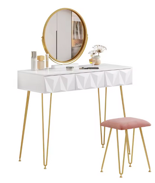 Make-uptafel met 360° Draaibare Spiegel, 3D Lades en Fluwelen Kruk