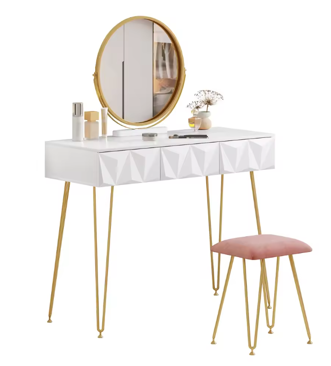 Make-uptafel met 360° Draaibare Spiegel, 3D Lades en Fluwelen Kruk