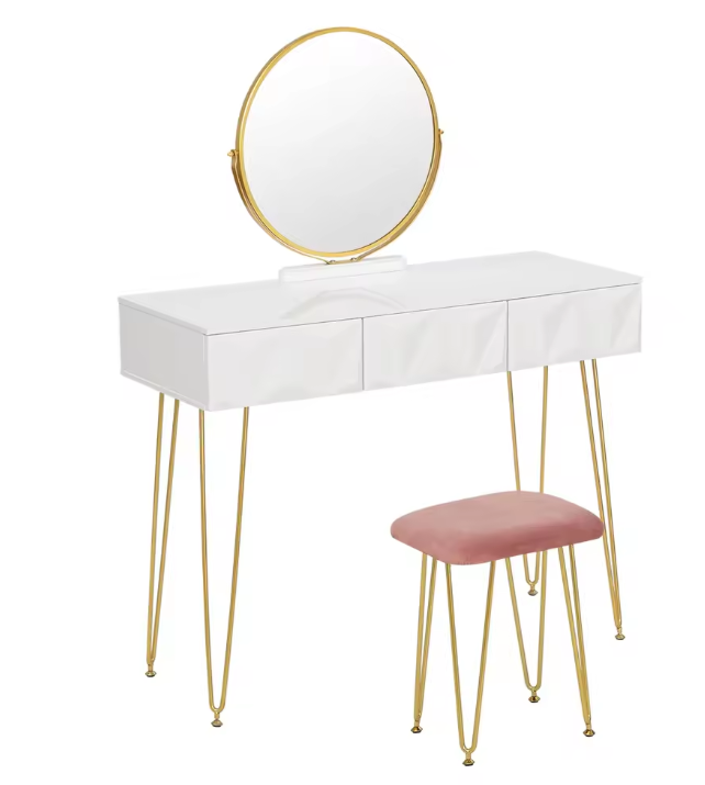 Make-uptafel met 360° Draaibare Spiegel, 3D Lades en Fluwelen Kruk