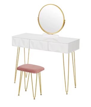 Make-uptafel met 360° Draaibare Spiegel, 3D Lades en Fluwelen Kruk