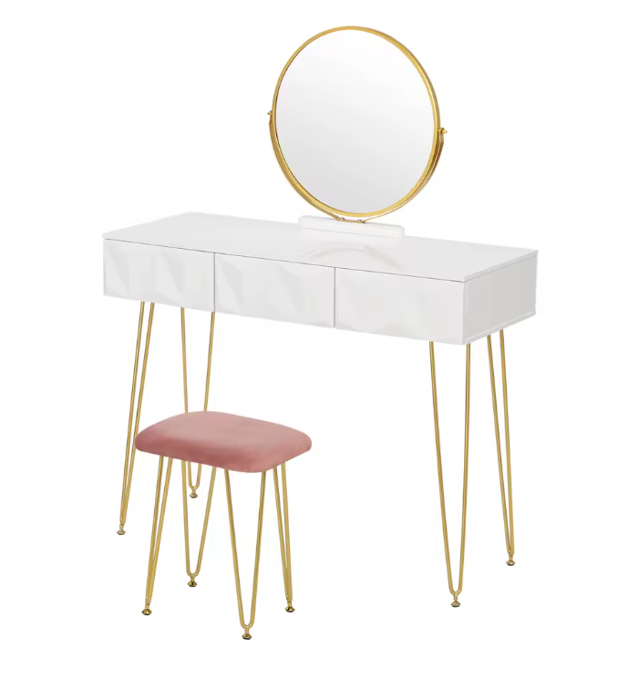 Make-uptafel met 360° Draaibare Spiegel, 3D Lades en Fluwelen Kruk