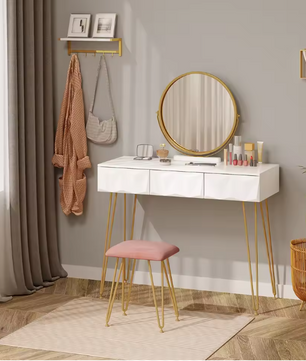 Make-uptafel met 360° Draaibare Spiegel, 3D Lades en Fluwelen Kruk