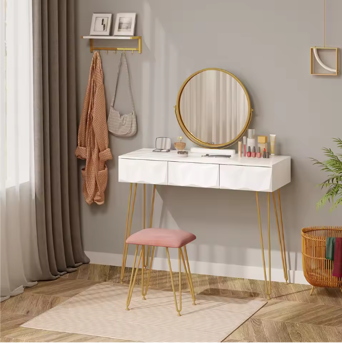 Make-uptafel met 360° Draaibare Spiegel, 3D Lades en Fluwelen Kruk