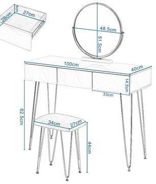 Make-uptafel met 360° Draaibare Spiegel, 3D Lades en Fluwelen Kruk