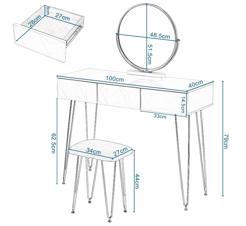 Make-uptafel met 360° Draaibare Spiegel, 3D Lades en Fluwelen Kruk